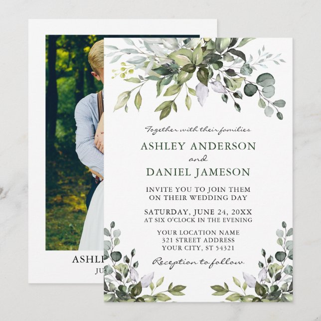 Elegantes Watercolor Grünes Foto Hochzeit Einladung (Vorne/Hinten)