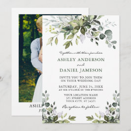 Elegantes Watercolor Grünes Foto Hochzeit Einladung
