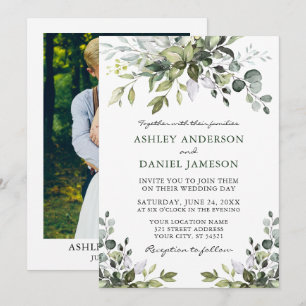 Elegantes Watercolor Grünes Foto Hochzeit Einladung