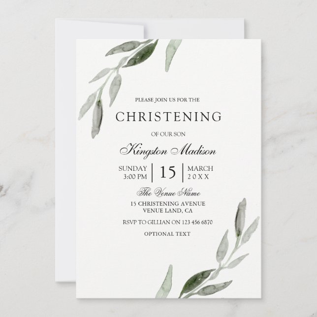 Elegantes Watercolor Grünes Leaf Christening Einla Einladung (Vorderseite)