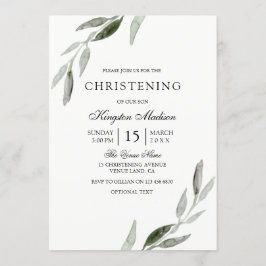 Elegantes Watercolor Grünes Leaf Christening Einla Einladung