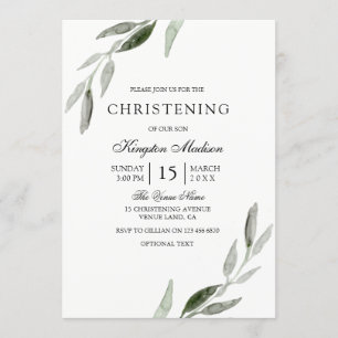 Elegantes Watercolor Grünes Leaf Christening Einla Einladung