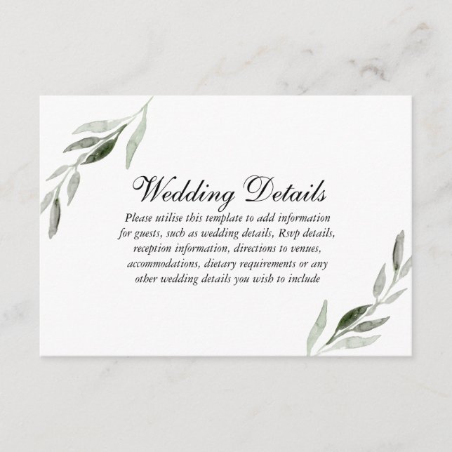 Elegantes Watercolor Grünes Leaf Hochzeitsempfang Begleitkarte (Vorderseite)