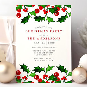 Elegantes Watercolor Holly Berries Weihnachts-Part Einladung