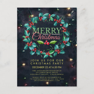 Elegantes Watercolor Holly Wreath Weihnachts-Party Postkarte