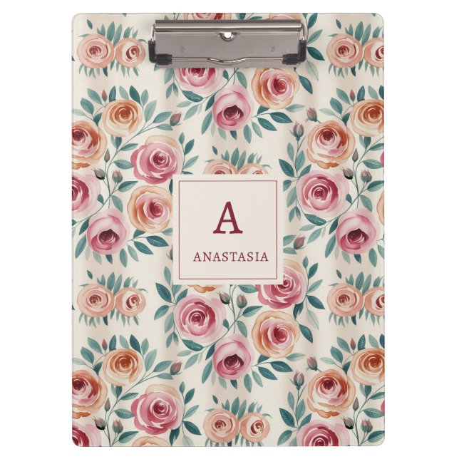 Elegantes Watercolor Hübsch Floral Monogramm Klemmbrett (Vorderseite)