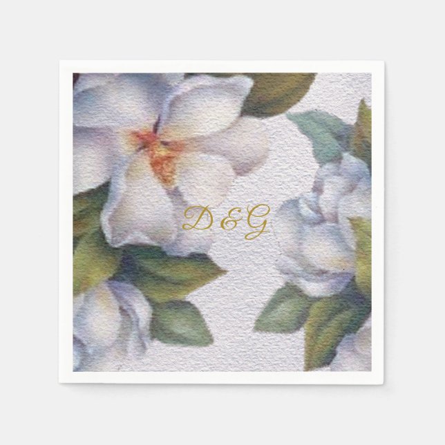 Elegantes Watercolor Ivory Magnolia Gold Monogramm Serviette (Vorderseite)