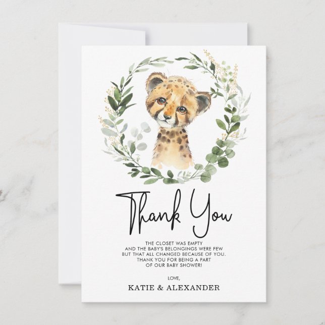 Elegantes Watercolor Jungle Greenery Baby Leopard Dankeskarte (Vorderseite)