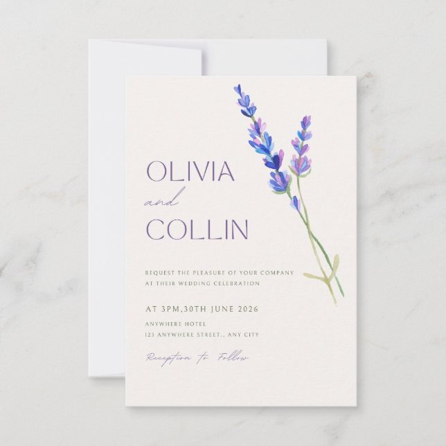 Elegantes Watercolor Lavendel Einladung zur Hochze (Vorderseite)