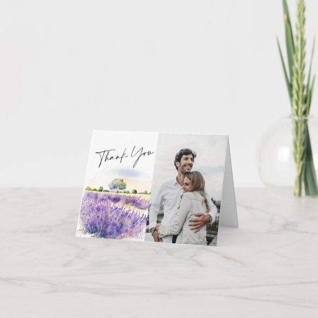 Elegantes Watercolor Lavender Blume Field Foto Dankeskarte (Vorderseite)