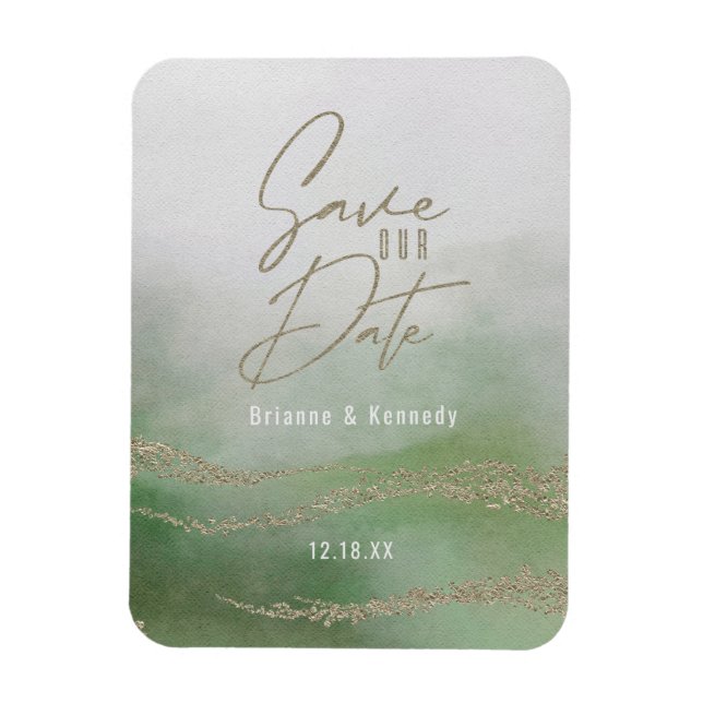 Elegantes Watercolor Leaf Green & Gold Save the Da Magnet (Vertikal)