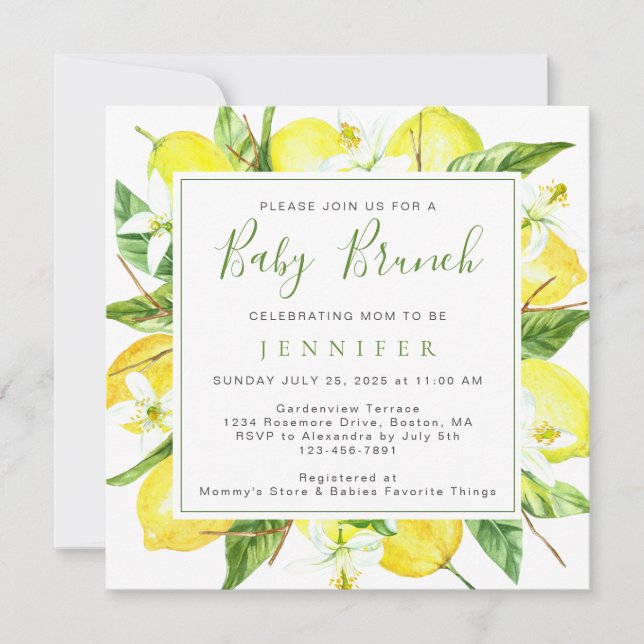 Elegantes Watercolor Lemon Botanical Baby Brunch Einladung (Vorderseite)