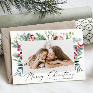 Elegantes Watercolor Lila Berries & Greenery Foto Feiertagskarte