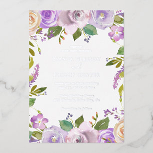 Elegantes Watercolor Lila Blumensilber Folieneinladung