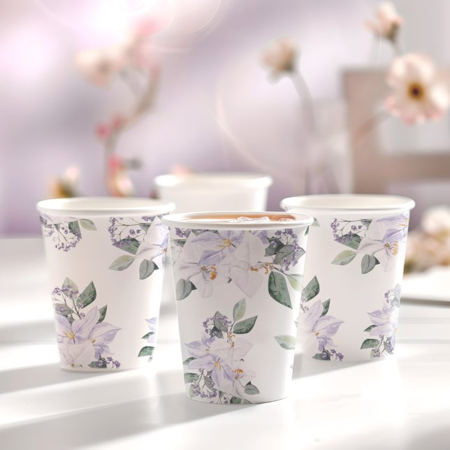 Elegantes Watercolor Lila Brautparty Pappbecher (Elegant Watercolor Floral Purple Bridal Shower Paper Cups)