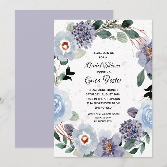 Elegantes Watercolor Lila florales Brautparty Einladung (Vorne/Hinten)