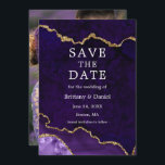 Elegantes Watercolor Lila Marble Agate Geode Foto Save The Date<br><div class="desc">Moderne Elegante Wasserfarbe Lila und Gold Marble Agate Geode Save the Date Karte - Foto Zurück</div>