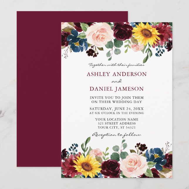 Elegantes Watercolor Mixed Floral Wedding Burgundy Einladung (Vorne/Hinten)