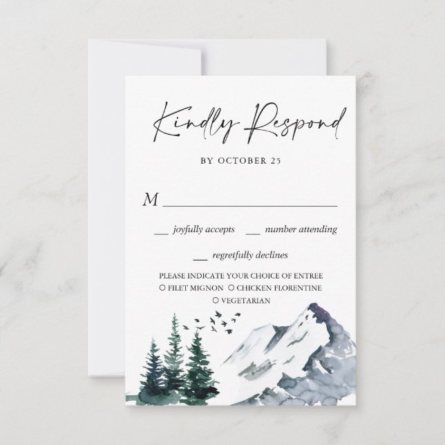 Elegantes Watercolor Mountains Forest Wedding RSVP (Vorderseite)