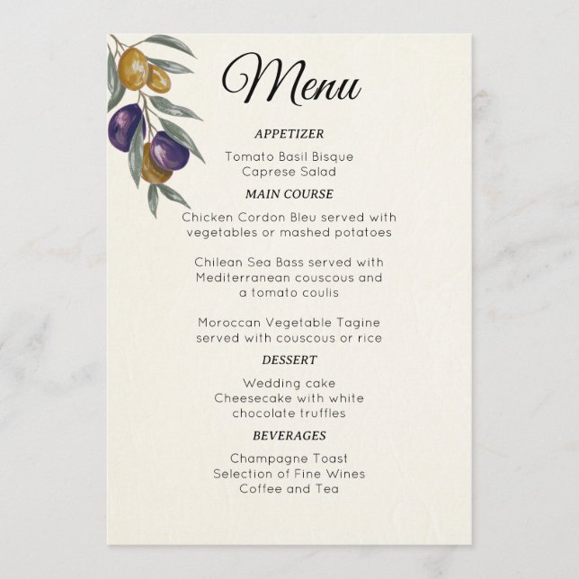 Elegantes Watercolor Olive Wedding Menu Menükarte (Vorderseite)