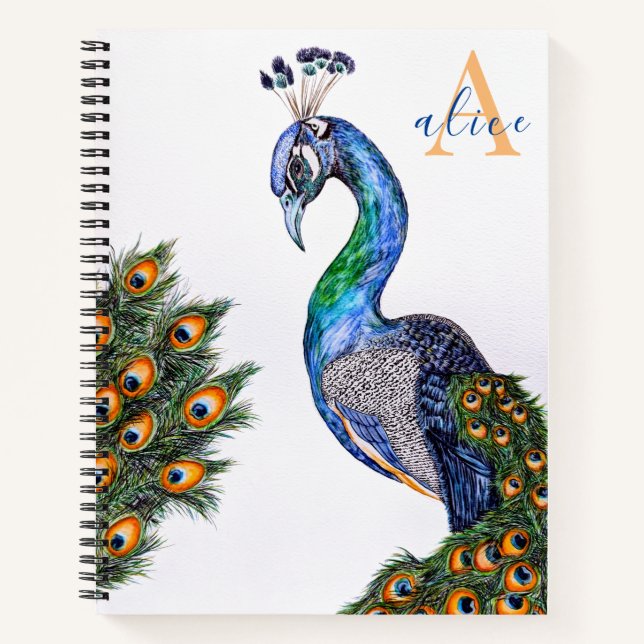 Elegantes Watercolor Peacock Monogramm weiß Notizbuch (Vorderseite)