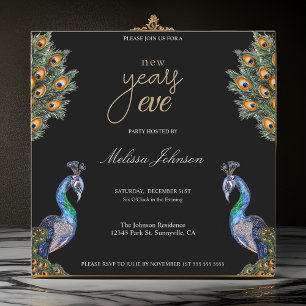 Elegantes Watercolor Pfau Silvester-Party Einladung