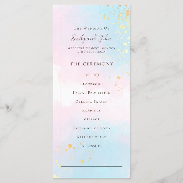 Elegantes Watercolor Pink Aquamarines Gold Confett Programm (Vorderseite)