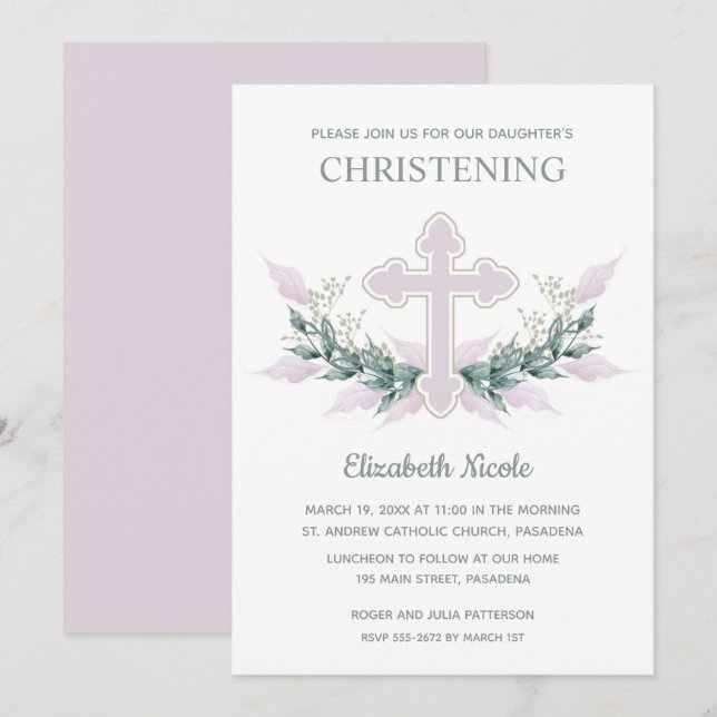 Elegantes Watercolor Pink Christening Einladung (Vorne/Hinten)