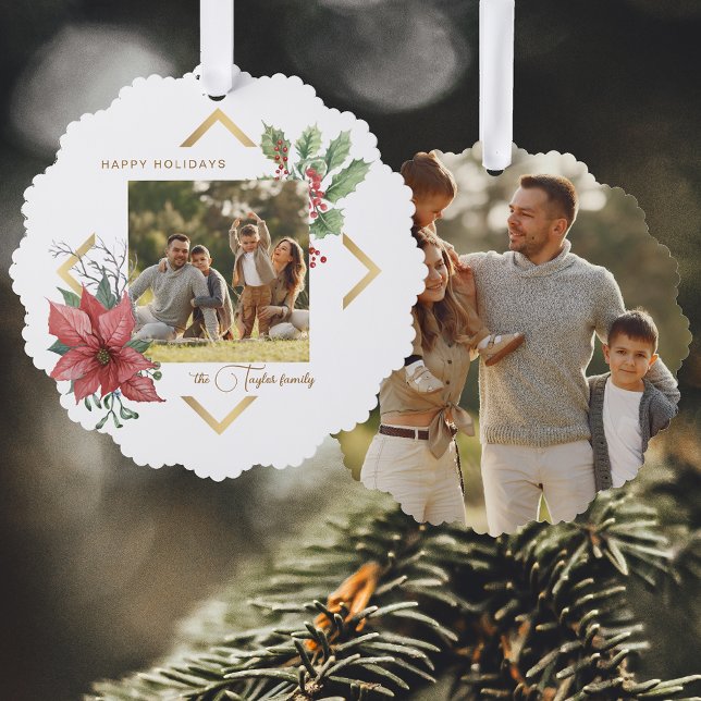 Elegantes Watercolor Poinsettias mit Goldrahmen-Fo Ornament Karte (Von Creator hochgeladen)