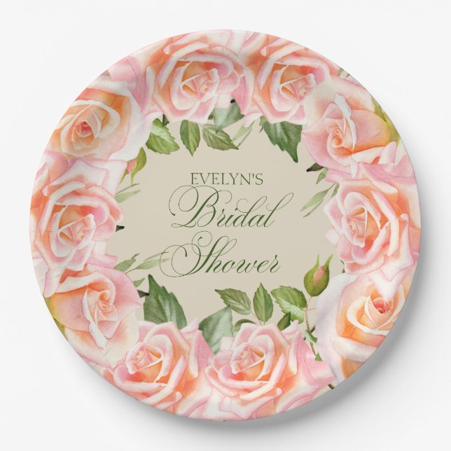 Elegantes Watercolor-Rose-Brautparty Pappteller (Vorderseite)