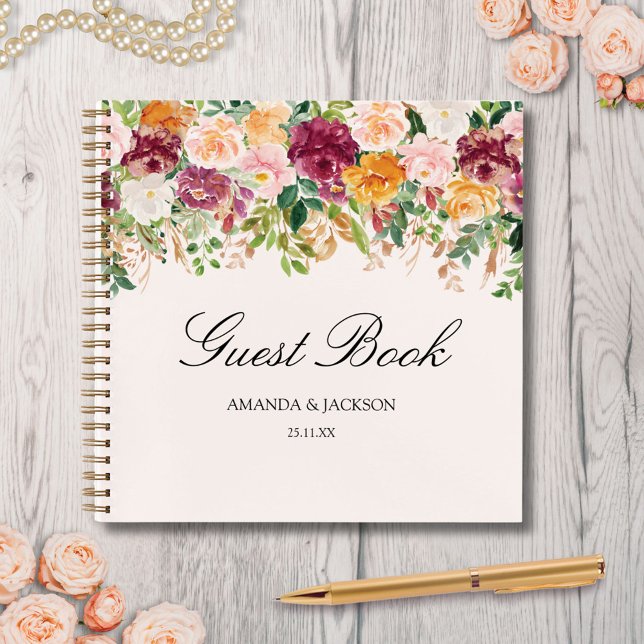 Elegantes Watercolor Rose Garden Wedding Gästebuch Notizbuch (In situ)