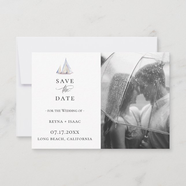 Elegantes Watercolor Sailboat Foto Save the Date Ankündigung (Vorderseite)