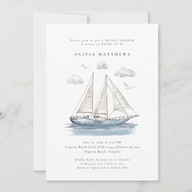 Elegantes Watercolor Segelyacht-Brautparty Einladung (Vorderseite)