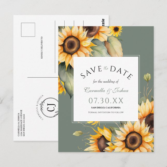 Elegantes Watercolor Sonnenblumengeschoss Save the Postkarte (Vorne/Hinten)
