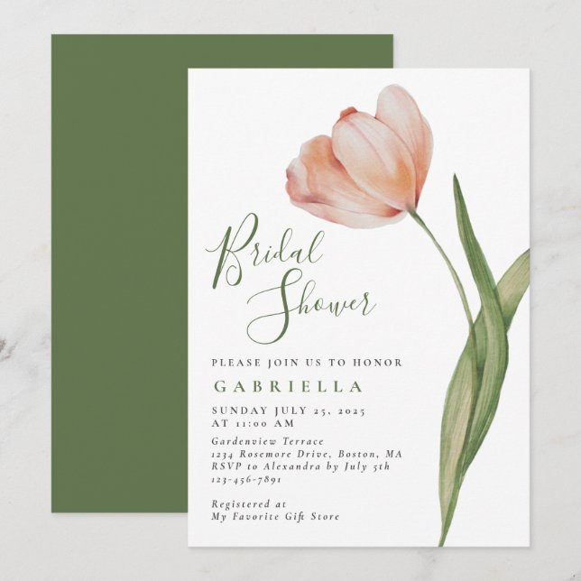 Elegantes Watercolor Tulip Grünes Brautparty Einladung (Vorne/Hinten)