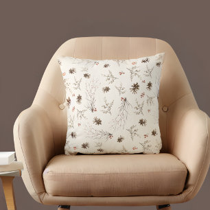 Elegantes Watercolor-Wald-Winterbeeren-Muster Kissen