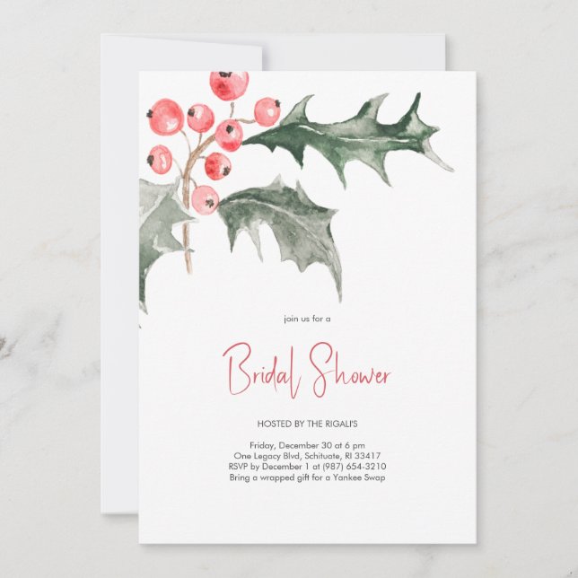 Elegantes Watercolor Weihnachten Holly Brautparty Einladung (Vorderseite)