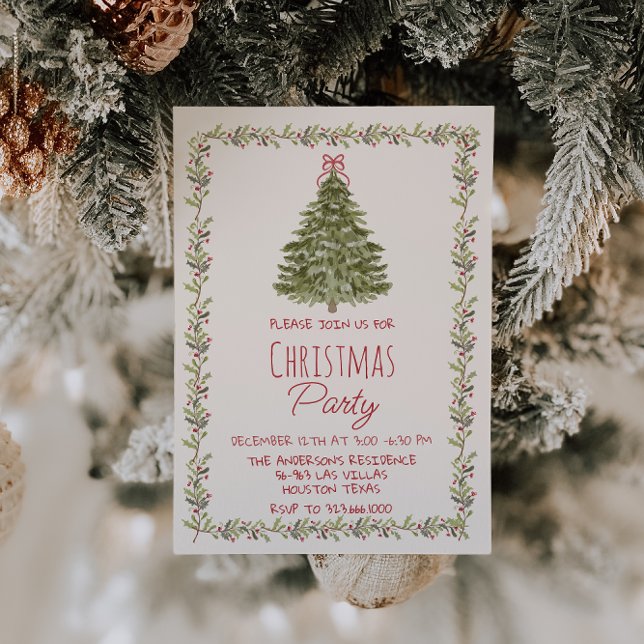 Elegantes Watercolor Weihnachten Holly FrameTree P Einladung (Von Creator hochgeladen)