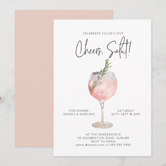 Elegantes Watercolor Weinkeller Cocktail Party Ros Einladung (Vorne/Hinten)