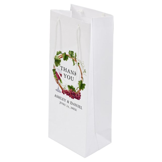Elegantes Watercolor Weintrauben Hochzeit des Holz Geschenktüte Für Weinflaschen (Vorderseite Schrägansicht)