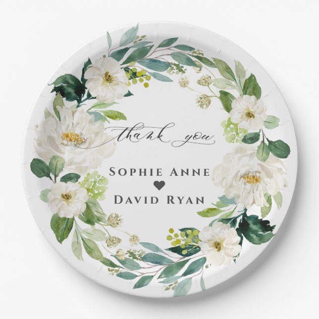 Elegantes Watercolor Weißes Blume Wreath Wedding Pappteller (Vorderseite)