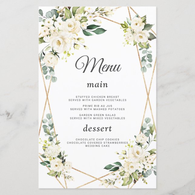 Elegantes Watercolor White Blume Gold Wedding Menu (Vorderseite)