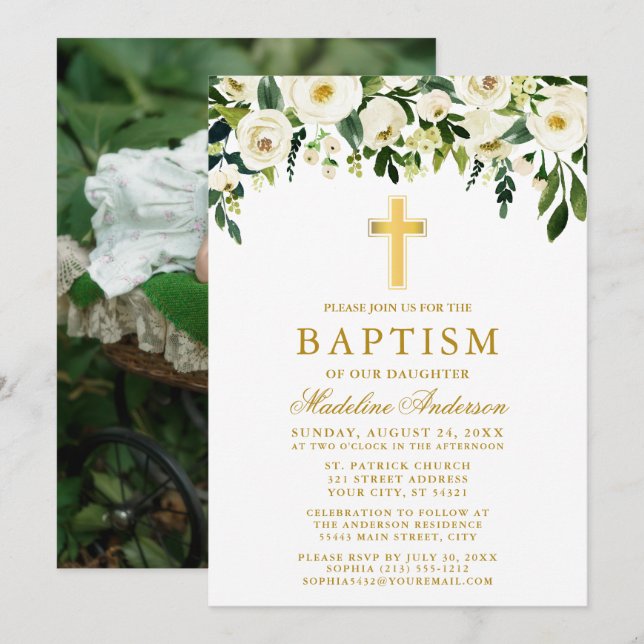 Elegantes Watercolor White Floral Gold Taufe Foto Einladung (Vorne/Hinten)