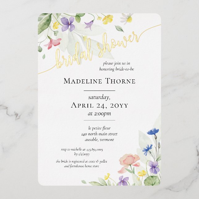 Elegantes Watercolor Wildblume Brautparty Folieneinladung (Vorderseite)