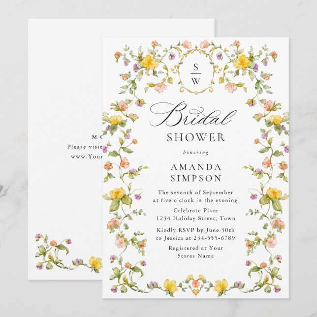 Elegantes Watercolor Wilde Blume Brautparty Einladung (Vorne/Hinten)