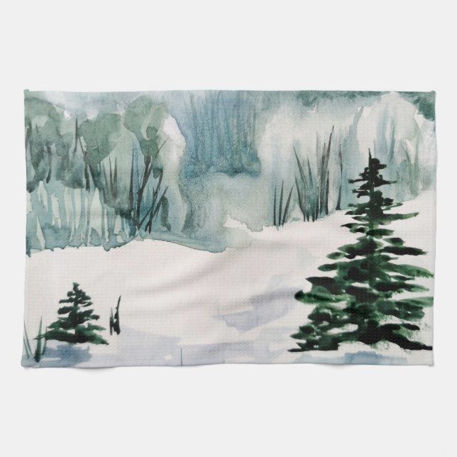 Elegantes Watercolor Winter Weihnachtsbäume Schnee Geschirrtuch (Horizontal)