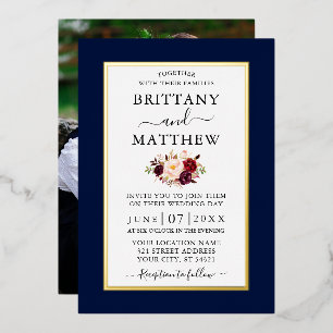 Elegantes Wedding Burgundy Blumenblauer Foto Gold Folieneinladung