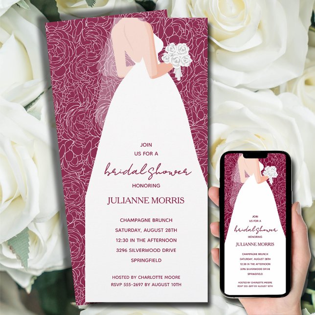 Elegantes Wedding Dress Brautparty Cranberry Einladung (Bride in her wedding dress overlays white rose sketch pattern on cranberry bridal shower invitations)