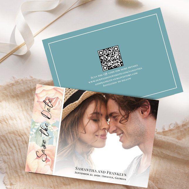 Elegantes Wedding Foto Floral Save The Date (Peach floral wedding save the date photo card.)