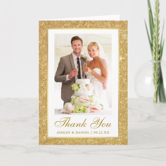 Elegantes Wedding Foto Gold Glitzer Frame Falten Dankeskarte (Vorderseite)